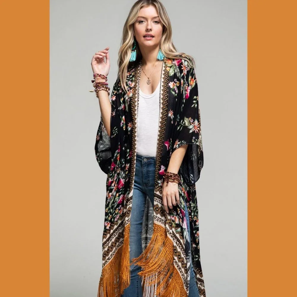 RESTOCK - Boho Floral Print Kimono Tassel Fringe Trim - Picture 5 of 8